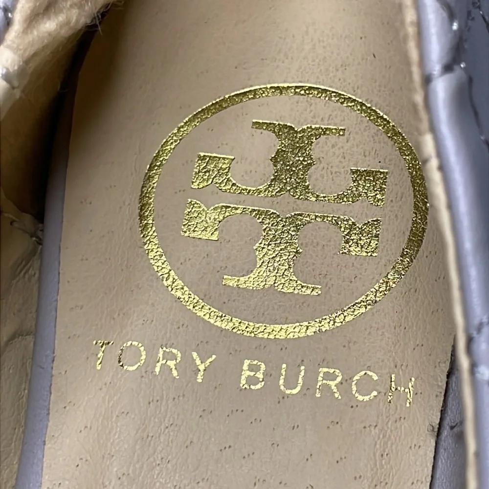 HP!! Tory Burch Gray & Gold Ballet Flats with Logo Medallion - Picture 7 of 12